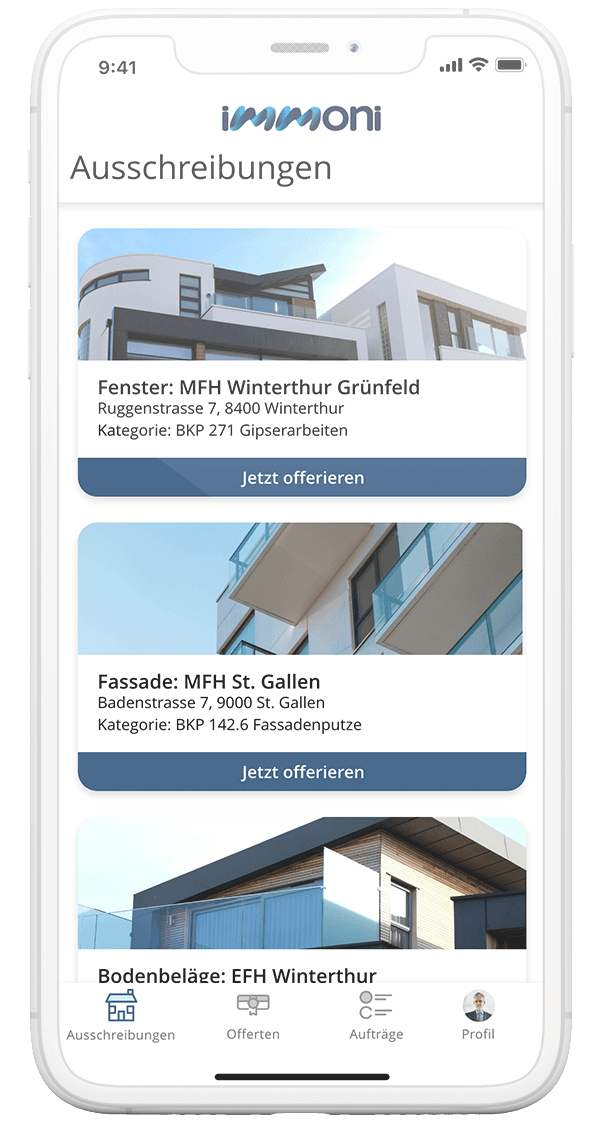 immoni App für Handwerker: Übersicht über aktuelle Bauausschreibungen und Aufträge